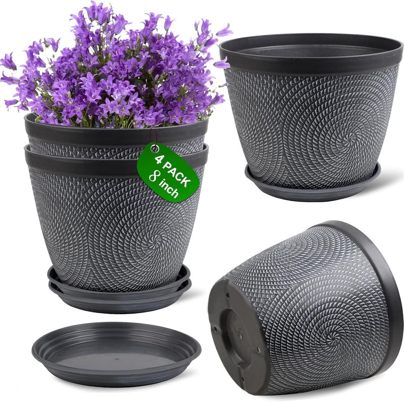 Quarut 4 Pack 8 Inch Flower Pots Planters for Outdoor Indoor, Plastic Plant Pots with Drainage Hole & Tray, Modern Decorative Garden Pot with Saucer, planters for House (Gray) - Image 1